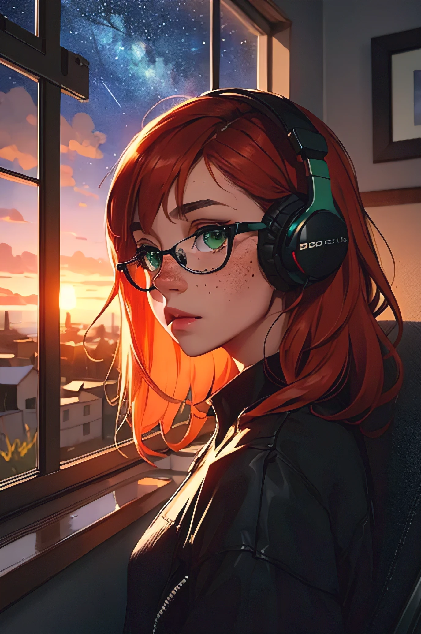 ((best quality)), ((masterpiece)), (detailed), perfect face, young adult, long orange red hair, bangs, black frame glasses, freckles, green eyes, cargo, black dress, headphone, sunset, watching out of window, starry sky
