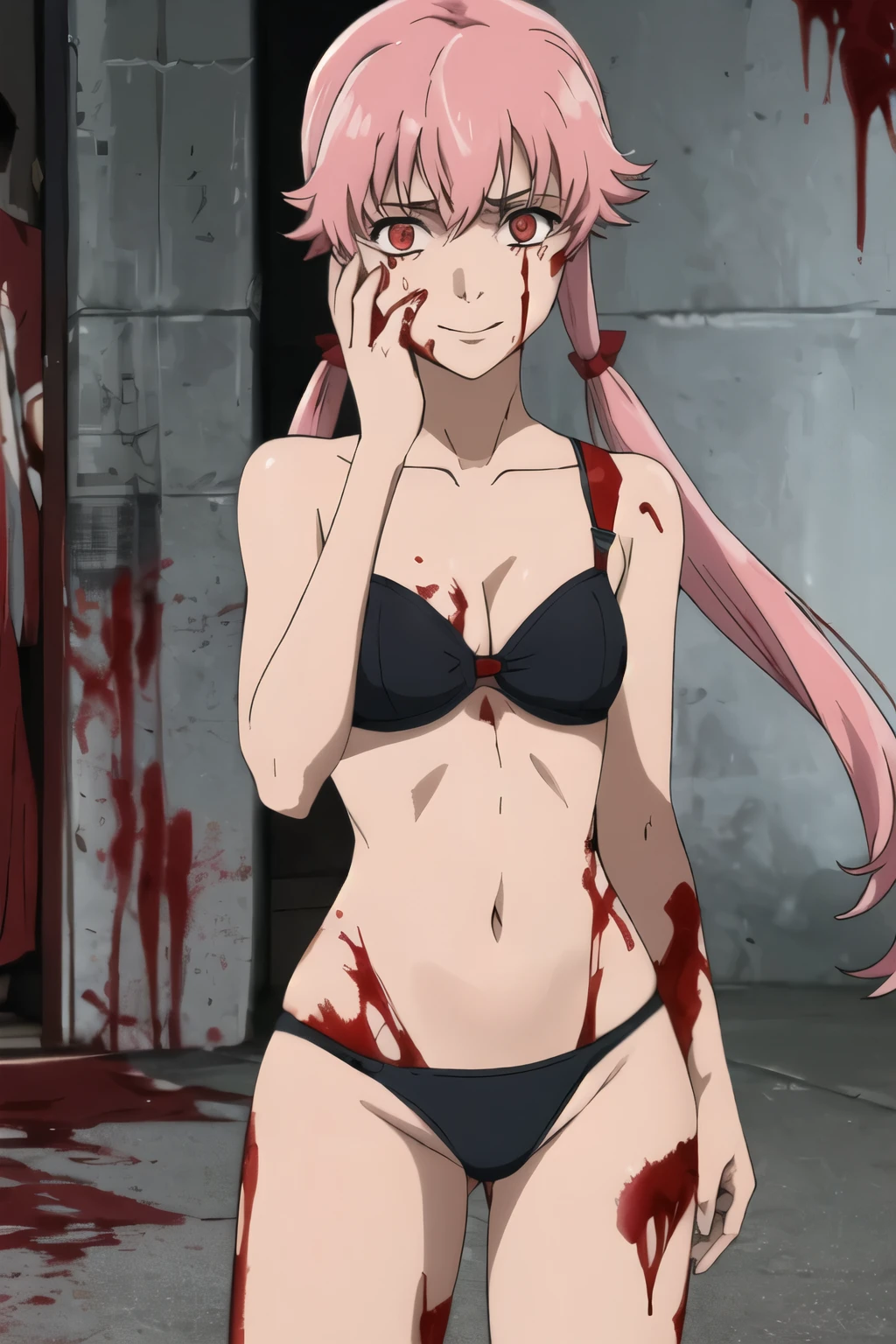 (best quality:1.3), Yuno Gasai, long hair, pink hair, smile, low twintails, yuno gasai, (small breasts:1.5), 1girl, red eyes, (evil eyes:1.1), blood, (out door:1.5), (evil:1.5), (blood on body:1.5), (evil eyes:1.4), 4k, 8k, killing, best quality, masterpiece, black tube top, (cleavage:1.4), (underboob:1.6), torn tube top, looking at viewer, facing the camera, cowboy shot, thick thighs, (hand on face:1.4), black thong