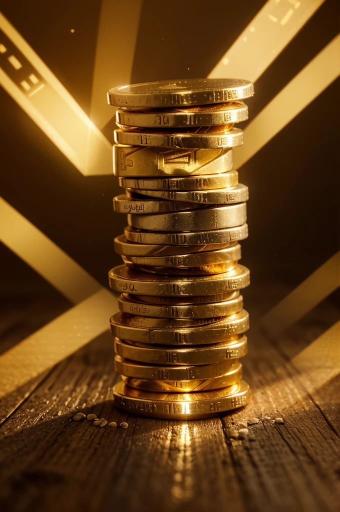 uma pilha de moedas digitais douradas brilhantes, with programming codes in the background and an aura of golden light around, transmitindo a ideia de valor e riqueza na criptomoeda