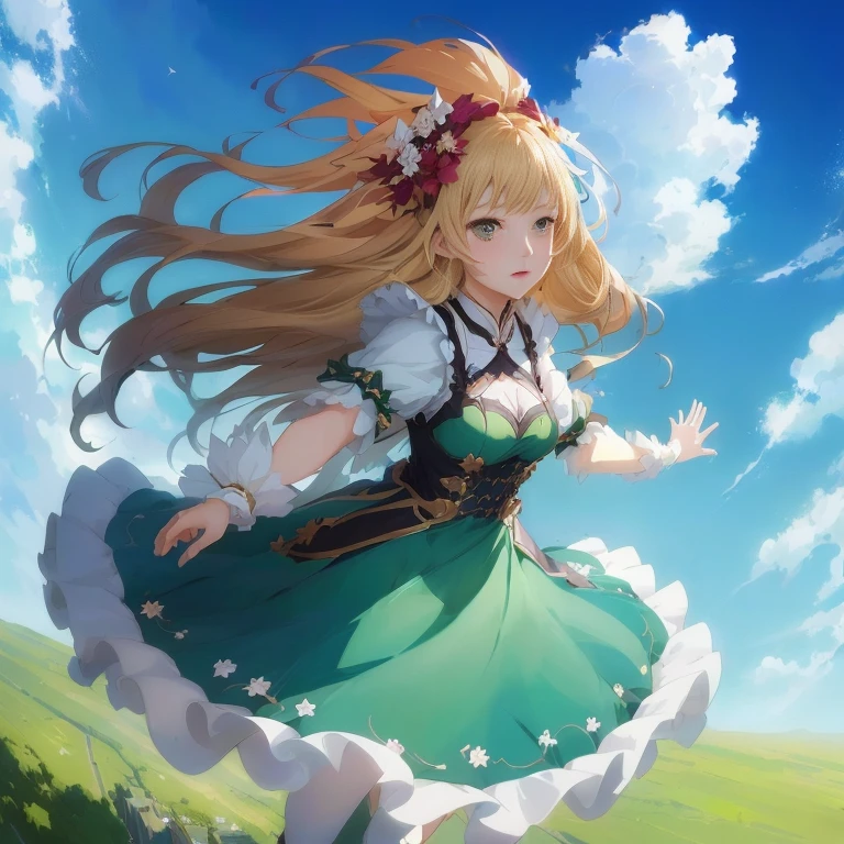 anime girl in green dress with long hair flying through the air, in dress, cushart krenz key art feminine, , splash art anime , cute anime waifu in a nice dress, guweiz on pixiv artstation, blonde anime girl with long hair, mana in the air, high quality anime artstyle, anime illustration