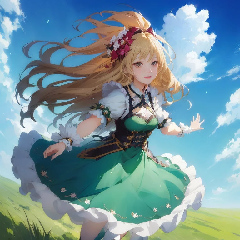 anime girl in green dress with long hair flying through the air,  in dress, cushart krenz key art feminine, , splash art anime , cute anime waifu in a nice dress, guweiz on pixiv artstation, blonde anime girl with long hair, mana in the air, high quality anime artstyle, anime illustration