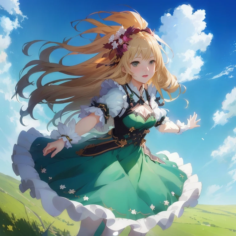 anime girl in green dress with long hair flying through the air,  in dress, cushart krenz key art feminine, , splash art anime , cute anime waifu in a nice dress, guweiz on pixiv artstation, blonde anime girl with long hair, mana in the air, high quality anime artstyle, anime illustration