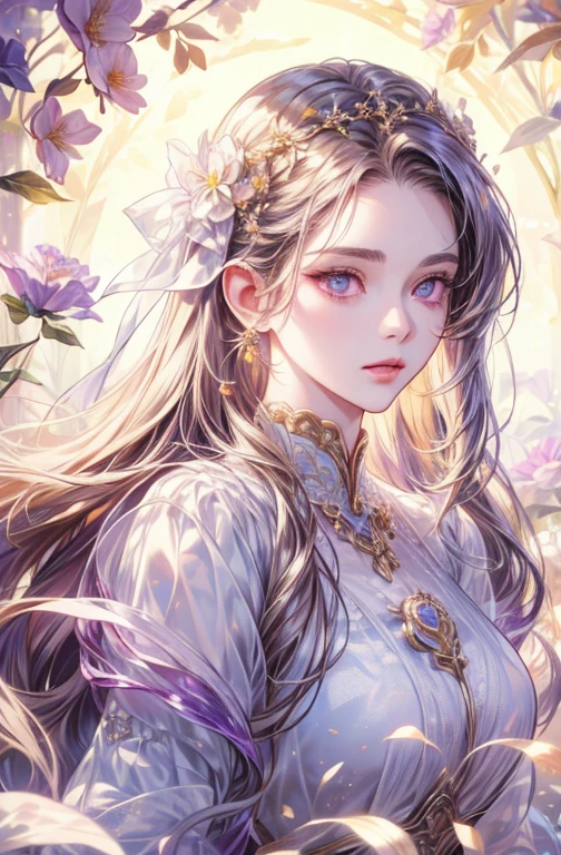 Long-haired woman、bust、White skin、Symmetry between left and right eyes、Delicate eyes、Glowing purple eyes、Exquisite golden hollow hair accessories、Eocyclic floral background、Spotlight、High Contrast、Impressive Shadows、Detailed Shadows、Perfect Finish、masterpiece、highest quality、Best image quality,Enchanting