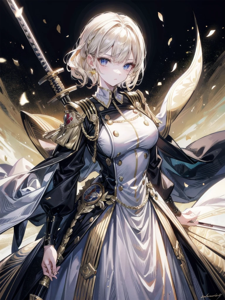 Military Dress, golden accessories, Grand Katana Sword, absurdres, RAW photo, extremely delicate and beautiful, masterpiece, Best Quality, ultra high resolution, 32k, hyperrealistic, ultra-detailed, detailed description, pale skin, 20 years old, tearful mole, earring, big tits, short medium hair, wavy hair, whole body shot,