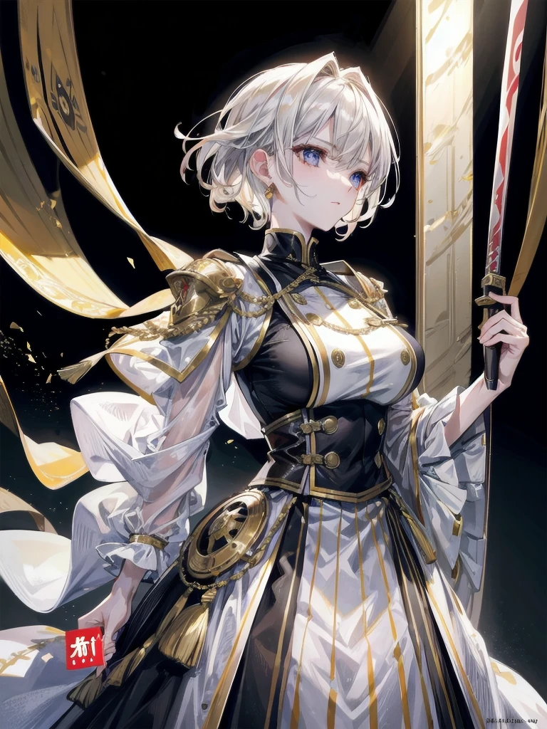 Military Dress, golden accessories, Grand Katana Sword, absurdres, RAW photo, extremely delicate and beautiful, masterpiece, Best Quality, ultra high resolution, 32k, hyperrealistic, ultra-detailed, detailed description, pale skin, 20 years old, tearful mole, earring, big tits, short medium hair, wavy hair, whole body shot,