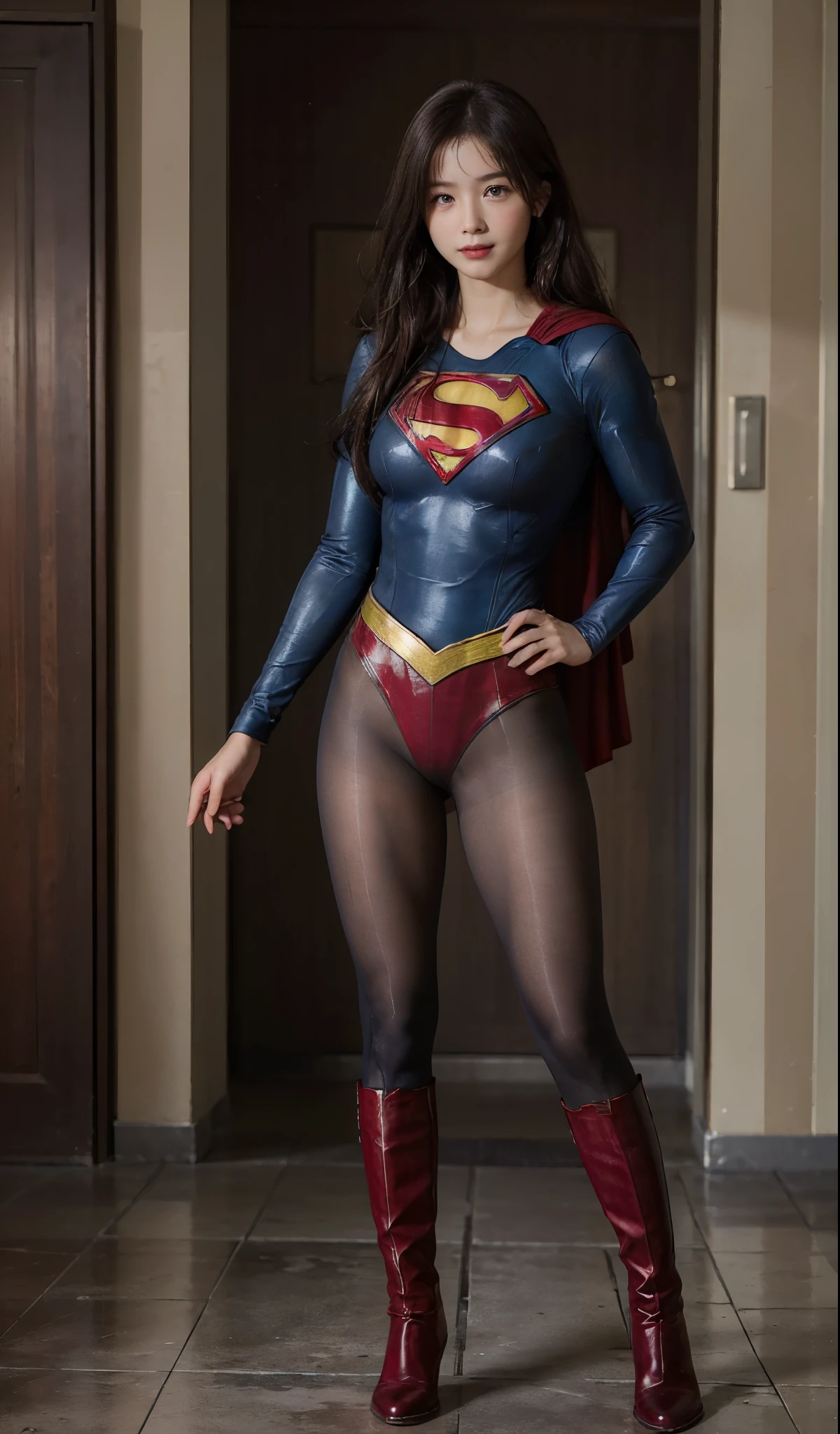 No background、(((Beautiful legs in black tights.)))、(((Legally express the beauty of your smile)))、((((Make the most of your original images)))、(((Supergirl Costume)))、(((ボディにフィットしたSupergirl Costume)))、(((Beautiful Hair)))、(((Smiles and winks)))、(((Please wear black tights....、Wear red boots)))、((Best image quality、8k))、((highest quality、8k、masterpiece:1.3))、(((Preserve background )))、Sharp focus:1.2、Beautiful woman with perfect figure:1.4、Slim Abs:1.2、Wet body:1.5、Highly detailed face and skin texture、8k