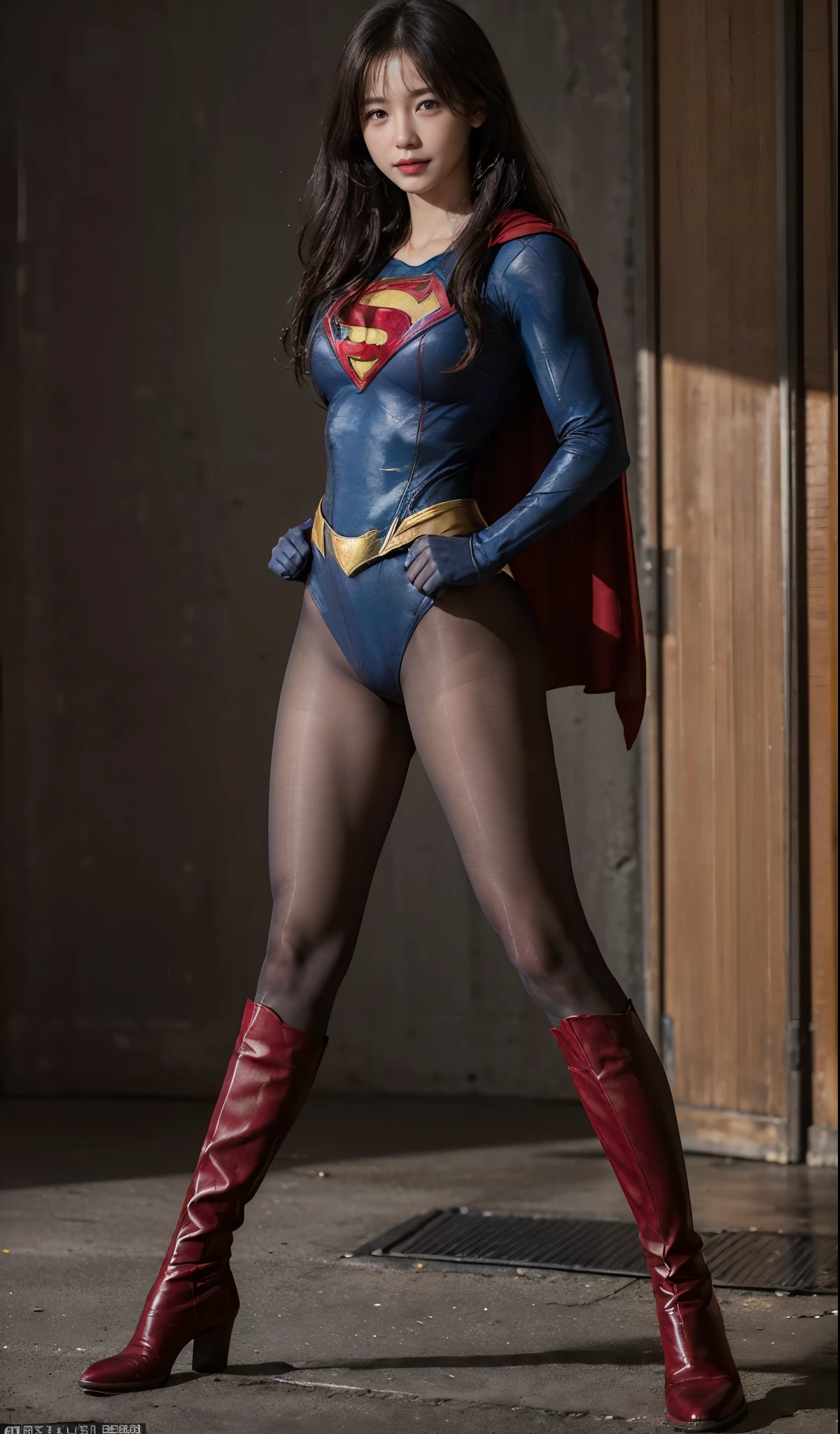 No background、(((Beautiful legs in black tights.)))、(((Legally express the beauty of your smile)))、((((Make the most of your original images)))、(((Supergirl Costume)))、(((ボディにフィットしたSupergirl Costume)))、(((Beautiful Hair)))、(((Smiles and winks)))、(((Please wear black tights....、Wear red boots)))、((Best image quality、8k))、((highest quality、8k、masterpiece:1.3))、(((Preserve background )))、Sharp focus:1.2、Beautiful woman with perfect figure:1.4、Slim Abs:1.2、Wet body:1.5、Highly detailed face and skin texture、8k