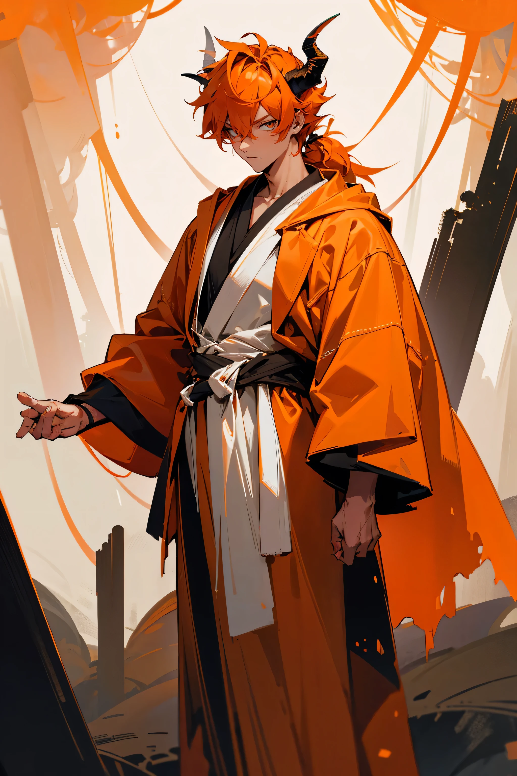 Masterpiece Quality, Perfect Generation, Detailed Eyes, , , Orange Medium Messy Spiky Hair , Hair Tied, , , , Male, , Detailed Eyes, Standing In Forest City, Facing Viewer, , Male, , Full Body, , Orange Hair, Orange Eyeliner, Horns, Muscular, , Orange And White Robes, Serious Face, Red Skin Tone, Red Skin, Tied Back Hair, Orange Skin