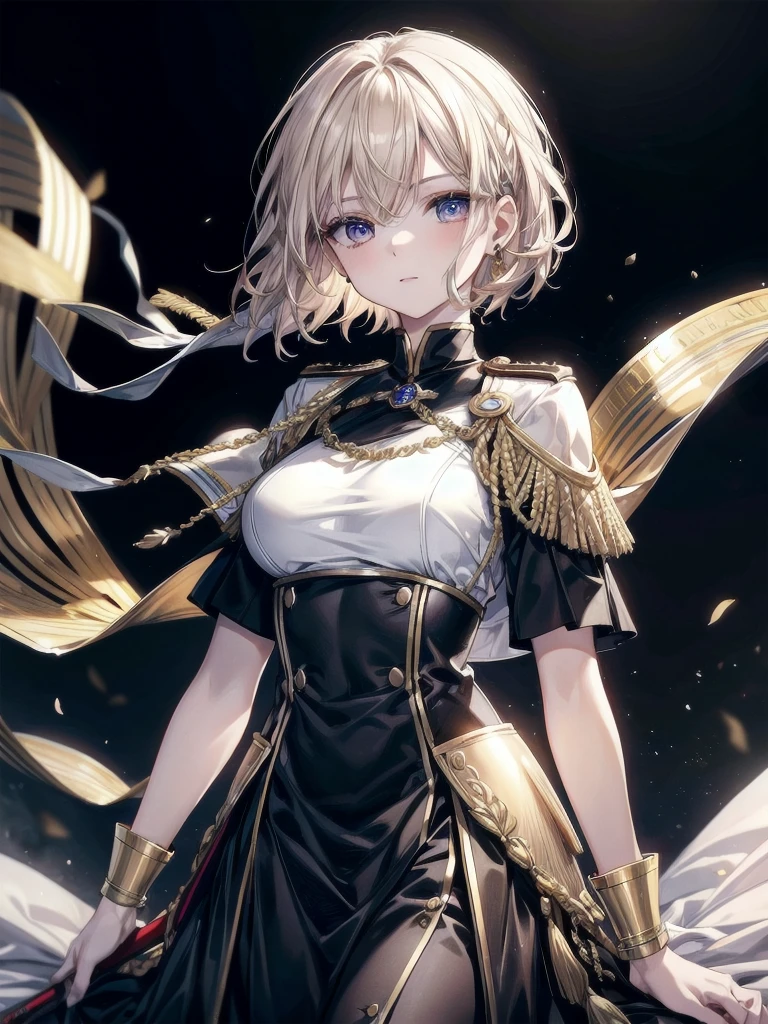 Military Dress, golden accessories, Grand Katana Sword, absurdres, RAW photo, extremely delicate and beautiful, masterpiece, Best Quality, ultra high resolution, 32k, hyperrealistic, ultra-detailed, detailed description, pale skin, 20 years old, tearful mole, earring, big tits, short medium hair, wavy hair, whole body shot,