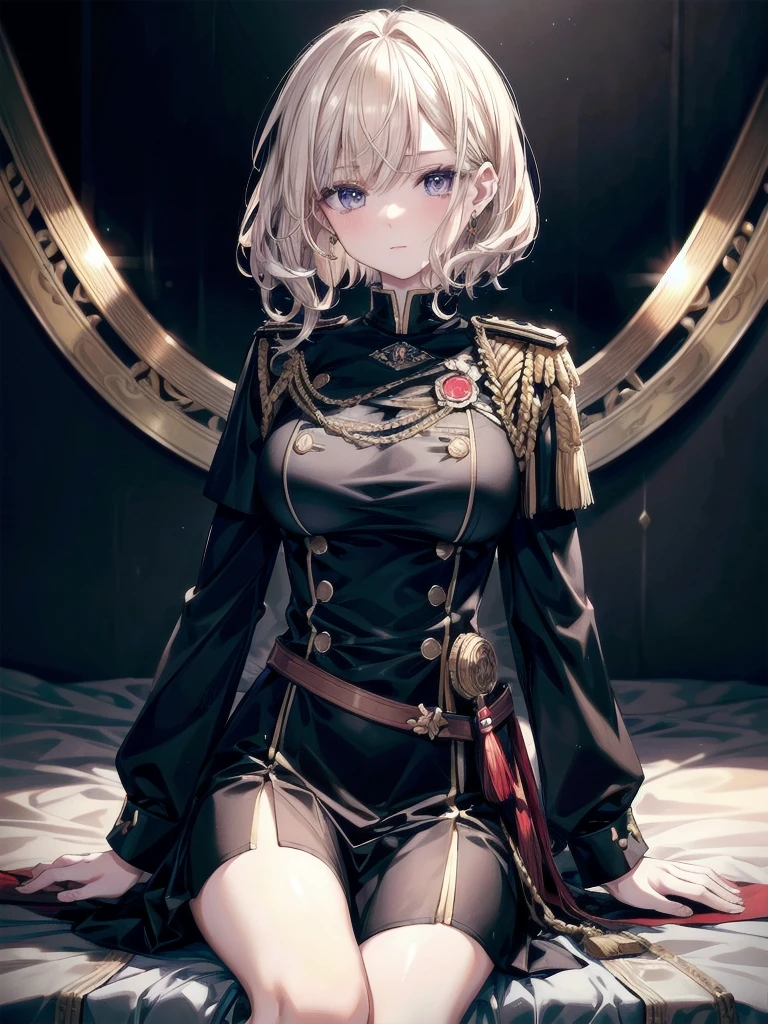 Military Dress, golden accessories, Grand Katana Sword, absurdres, RAW photo, extremely delicate and beautiful, masterpiece, Best Quality, ultra high resolution, 32k, hyperrealistic, ultra-detailed, detailed description, pale skin, 20 years old, tearful mole, earring, big tits, short medium hair, wavy hair, whole body shot,