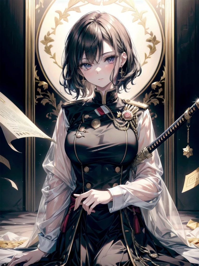 Military Dress, golden accessories, Grand Katana Sword, absurdres, RAW photo, extremely delicate and beautiful, masterpiece, Best Quality, ultra high resolution, 32k, hyperrealistic, ultra-detailed, detailed description, pale skin, 20 years old, tearful mole, earring, big tits, short medium hair, wavy hair, whole body shot,