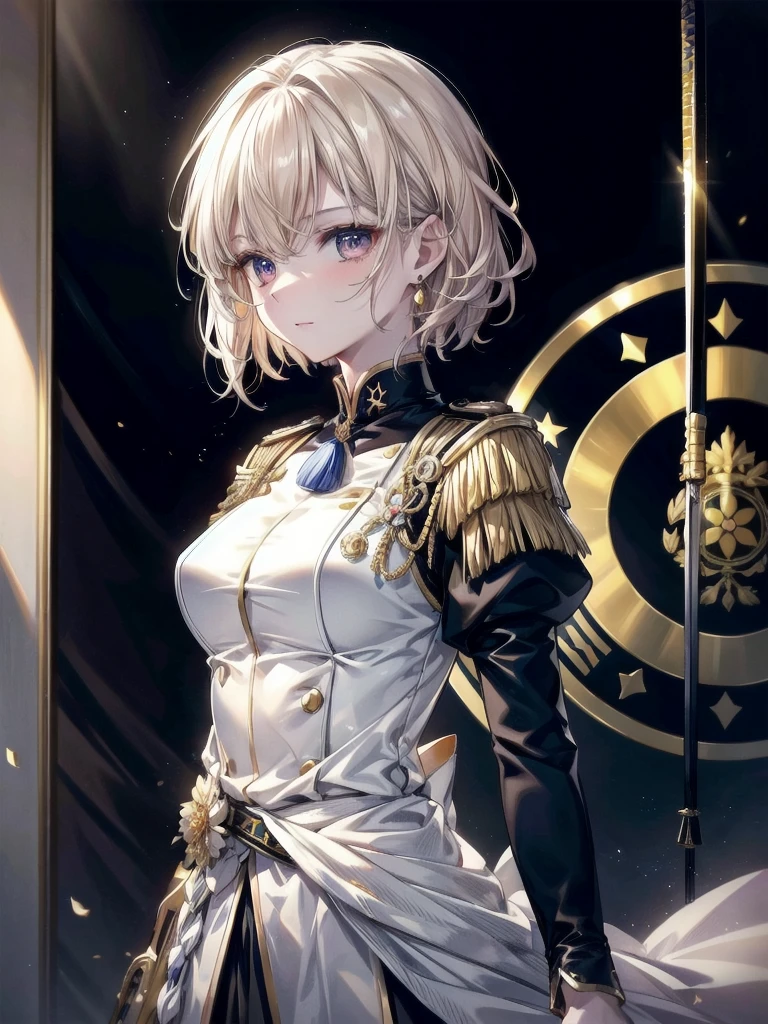 Military Dress, golden accessories, Grand Katana Sword, absurdres, RAW photo, extremely delicate and beautiful, masterpiece, Best Quality, ultra high resolution, 32k, hyperrealistic, ultra-detailed, detailed description, pale skin, 20 years old, tearful mole, earring, big tits, short medium hair, wavy hair, whole body shot,
