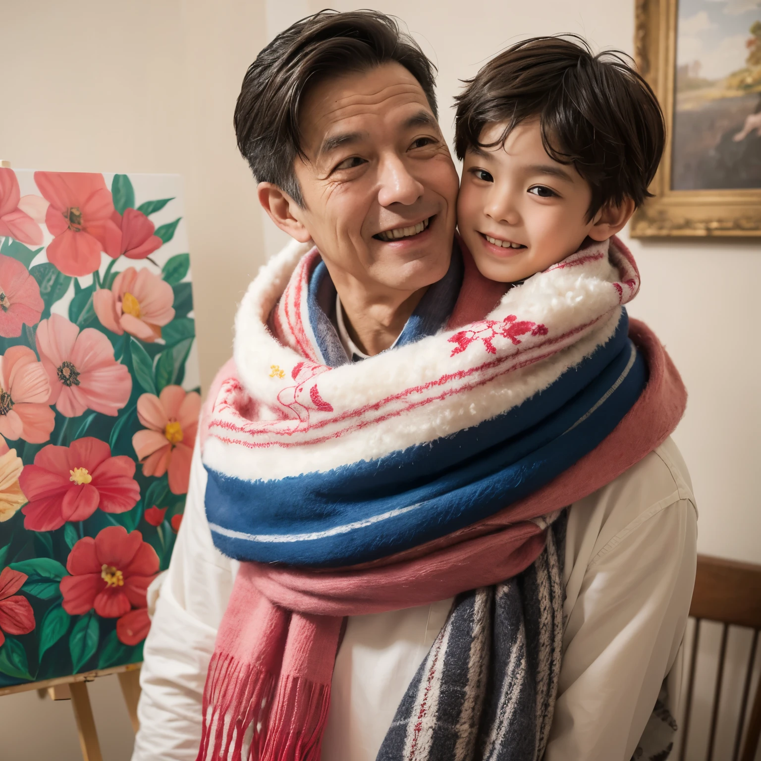 Painting of father and son reunited and embraced，Father is over 80 years old，Son in his 60s，A colorful crabapple flower ink-printed cotton wool scarf is hung around my son&#39;s neck.