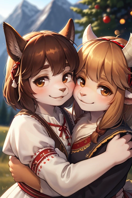 rear Bokeh , (closeup face) , 2 hairy goat girls , realistic hairy fur , round face , Swollen cheeks , smile , Hair ties , (Swiss traditional costume) , in the Mountains in Alm , front view , back shot , side view , Dutch angle , Hug  , (cheek to cheek:1.2)