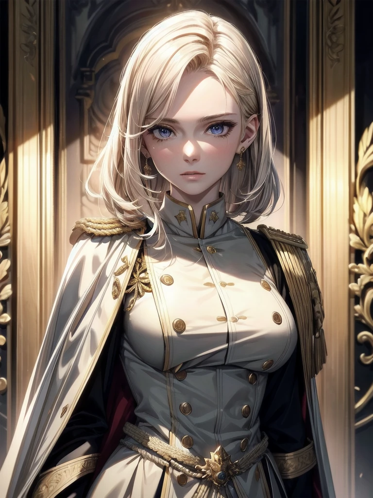 Military Dress, golden accessories, Grand Katana Sword, absurdres, RAW photo, extremely delicate and beautiful, masterpiece, Best Quality, ultra high resolution, 32k, hyperrealistic, ultra-detailed, detailed description, pale skin, 20 years old, tearful mole, earring, big tits, short medium hair, wavy hair, whole body shot,