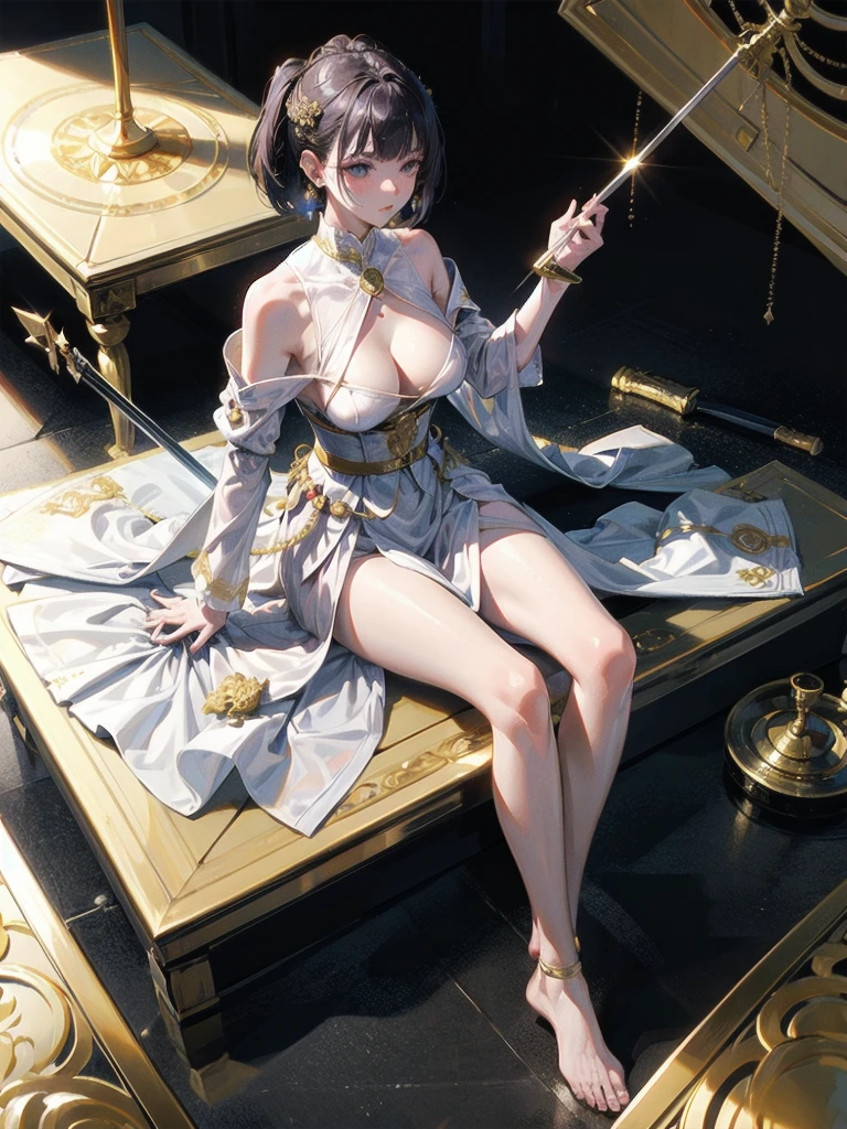 Military Dress, golden accessories, Grand Katana Sword, absurdres, RAW photo, extremely delicate and beautiful, masterpiece, Best Quality, ultra high resolution, 32k, hyperrealistic, ultra-detailed, detailed description, pale skin, 20 years old, tearful mole, earring, big tits, short medium hair, wavy hair, whole body shot,