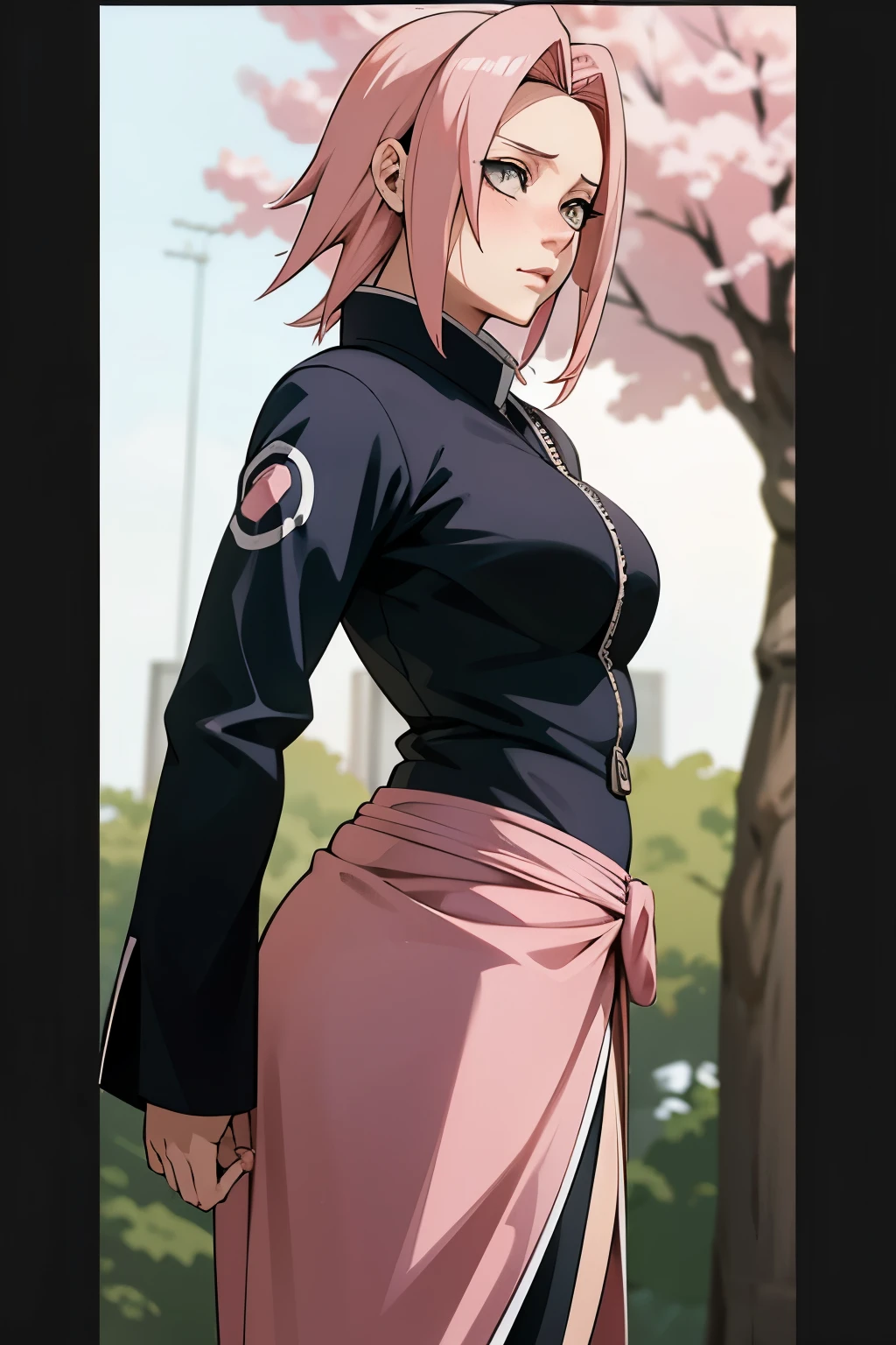 Sakura Haruno, obra de arte, (fotorrealista:1.4), melhor qualidade, beautiful lighting, SakuraNS, Sozinho, olhando_no_visualizador, sem mangas, luvas, preto_luvas, (cabelo rosa), seios bonitos, coxas grossas, bunda sexy, konohagakure_symbol, inclinando-se_advance, foto crua, 8k hd, film grain