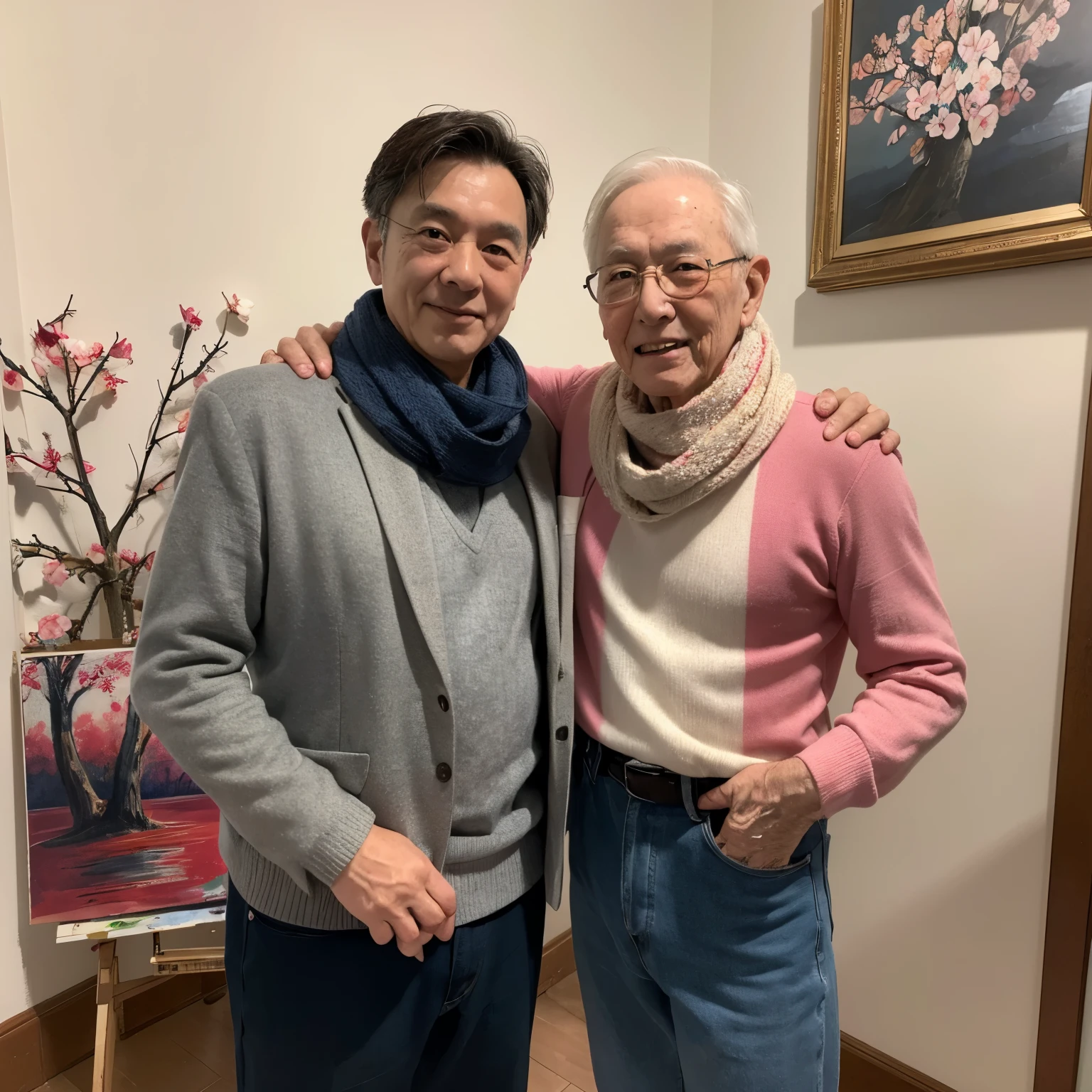 Painting of father and son reunited and embraced,Father is over 80 years old,Son in his 60s,A colorful crabapple flower ink-printed cotton wool scarf is hung around my son's neck.