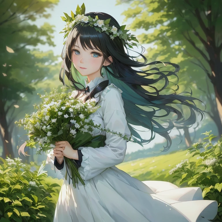 anime girl with long black hair and blue eyes holding a bouquet of flowers, artwork in the style of guweiz, guweiz on pixiv artstation, guweiz, guweiz on artstation pixiv, anime visual of a cute girl, smooth anime cg art, a maid in a magical forest, anime moe artstyle, official artwork