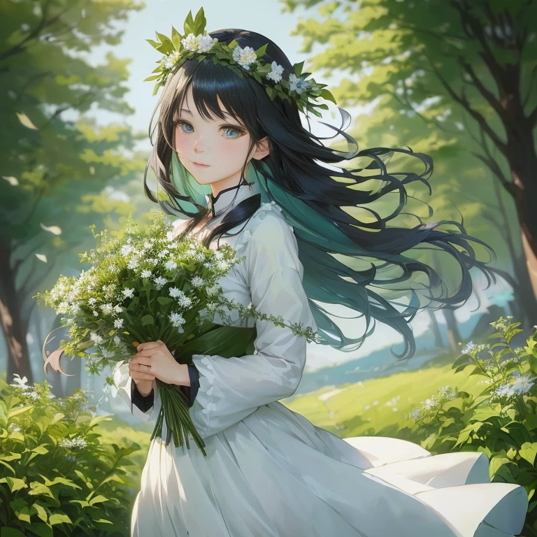 anime girl with long black hair and blue eyes holding a bouquet of flowers, artwork in the style of guweiz, guweiz on pixiv artstation, guweiz, guweiz on artstation pixiv, anime visual of a cute girl, smooth anime cg art, a maid in a magical forest, anime moe artstyle, official artwork