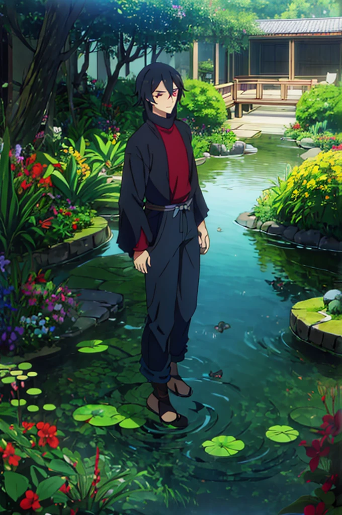 man with wery long black hair and red eyes. wery good details. best rendered. clothed in sleeve black turtleneck and jeans.the background should be a tranquil garden with a small pond and a wooden bridge