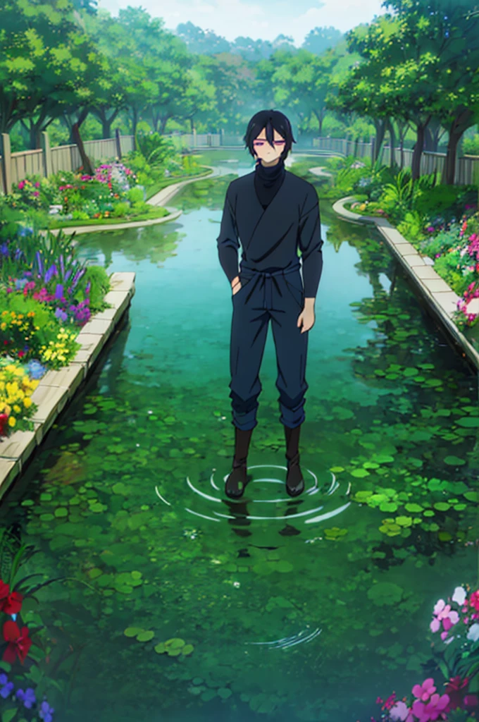 man with wery long black hair and red eyes. wery good details. best rendered. clothed in sleeve black turtleneck and jeans.the background should be a tranquil garden with a small pond and a wooden bridge