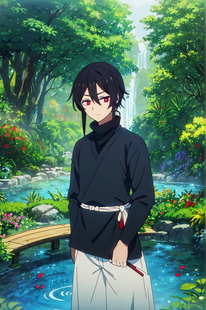 man with wery long black hair and red eyes. wery good details. best rendered. clothed in sleeve black turtleneck and jeans.the background should be a tranquil garden with a small pond and a wooden bridge