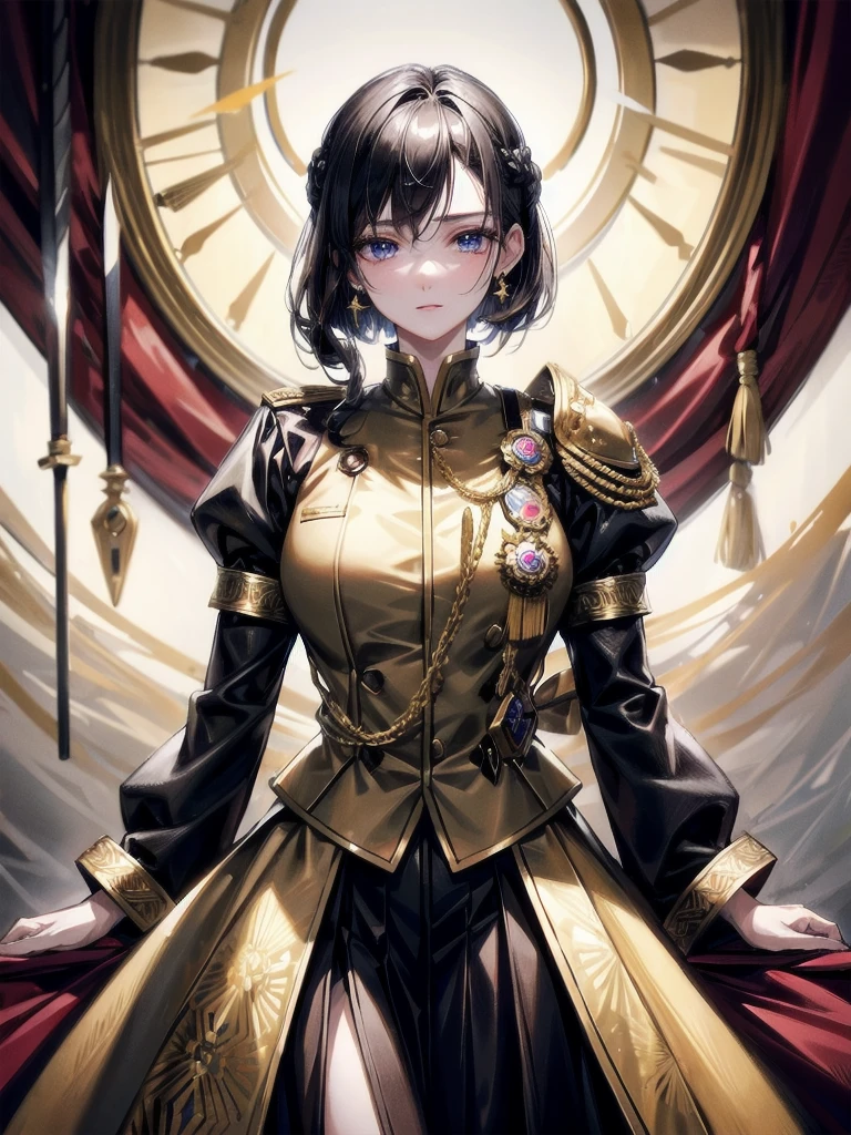 Military Dress, golden accessories, Grand Katana Sword, absurdres, RAW photo, extremely delicate and beautiful, masterpiece, Best Quality, ultra high resolution, 32k, hyperrealistic, ultra-detailed, detailed description, pale skin, 20 years old, tearful mole, earring, big tits, short medium hair, wavy hair, whole body shot,
