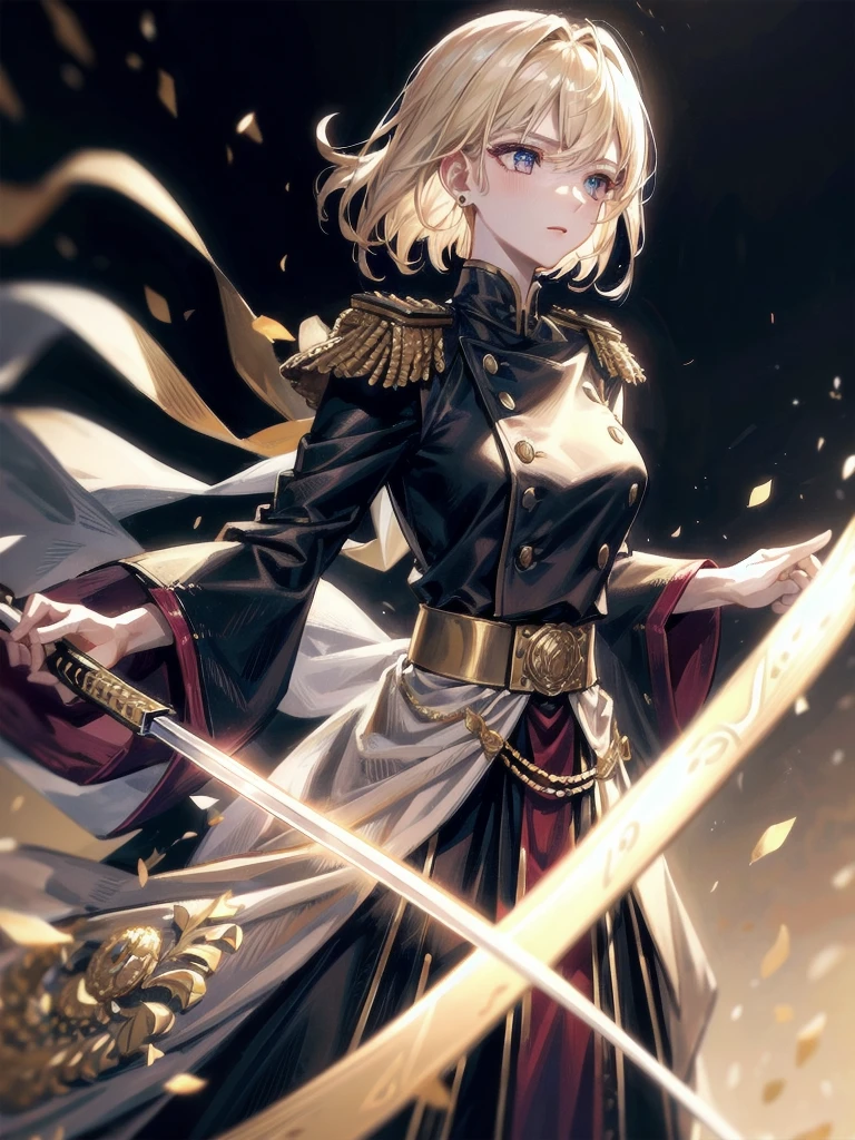Military Dress, golden accessories, Grand Katana Sword, absurdres, RAW photo, extremely delicate and beautiful, masterpiece, Best Quality, ultra high resolution, 32k, hyperrealistic, ultra-detailed, detailed description, pale skin, 20 years old, tearful mole, earring, big tits, short medium hair, wavy hair, whole body shot,