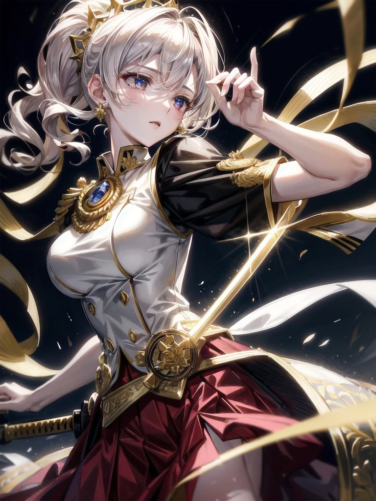 Military Dress, golden accessories, Grand Katana Sword, absurdres, RAW photo, extremely delicate and beautiful, masterpiece, Best Quality, ultra high resolution, 32k, hyperrealistic, ultra-detailed, detailed description, pale skin, 20 years old, tearful mole, earring, big tits, short medium hair, wavy hair, whole body shot,