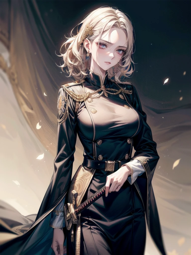 Military Dress, golden accessories, Grand Katana Sword, absurdres, RAW photo, extremely delicate and beautiful, masterpiece, Best Quality, ultra high resolution, 32k, hyperrealistic, ultra-detailed, detailed description, pale skin, 20 years old, tearful mole, earring, big tits, short medium hair, wavy hair, whole body shot,
