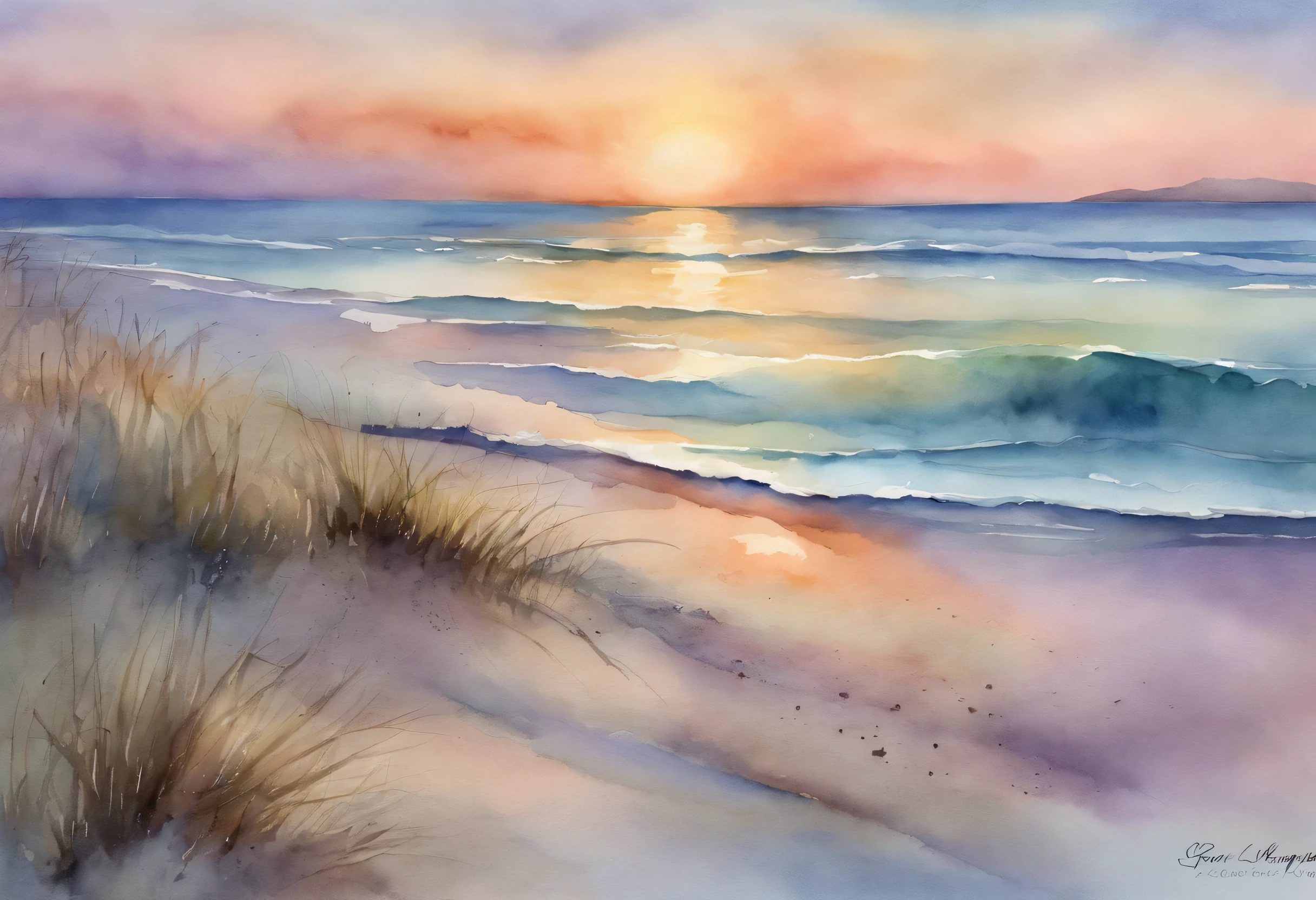 When the sun sets on the beach. The sky is painted with a breathtaking palette of pastel pastel tones - dusty blue, with soft pink colors, and fantastic lavender. The scene evokes a sense of serenity and unity, Beauty captured through the lens of a watercolor painter.