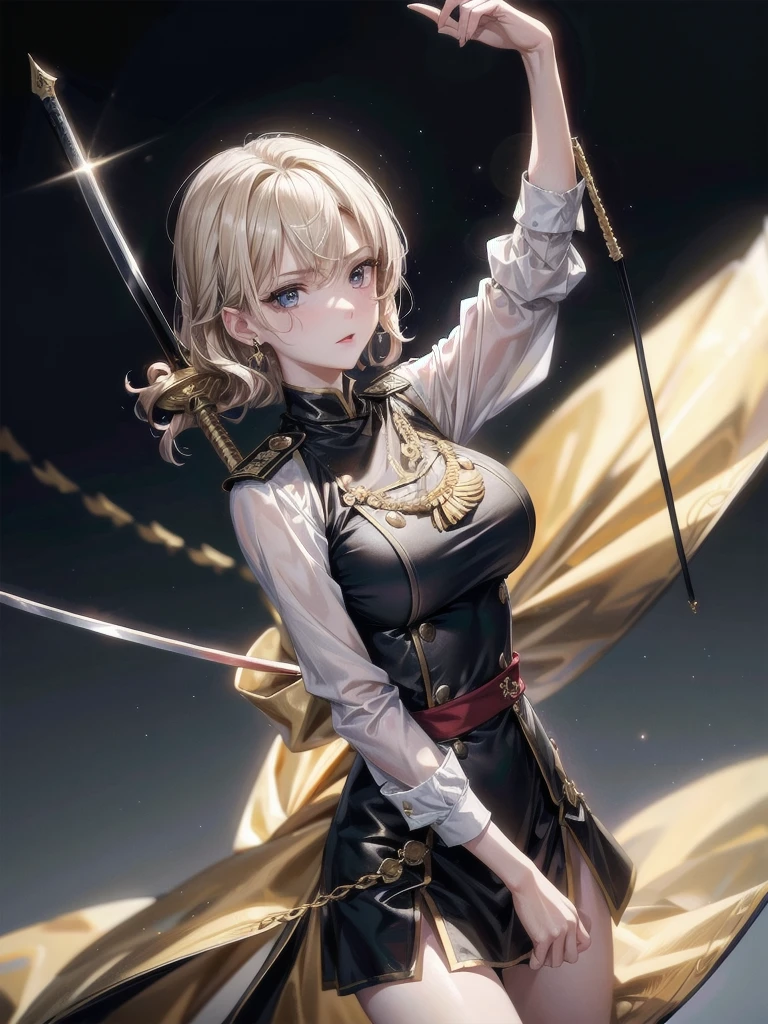 Military Dress, golden accessories, Grand Katana Sword, absurdres, RAW photo, extremely delicate and beautiful, masterpiece, Best Quality, ultra high resolution, 32k, hyperrealistic, ultra-detailed, detailed description, pale skin, 20 years old, tearful mole, earring, big tits, short medium hair, wavy hair, whole body shot,