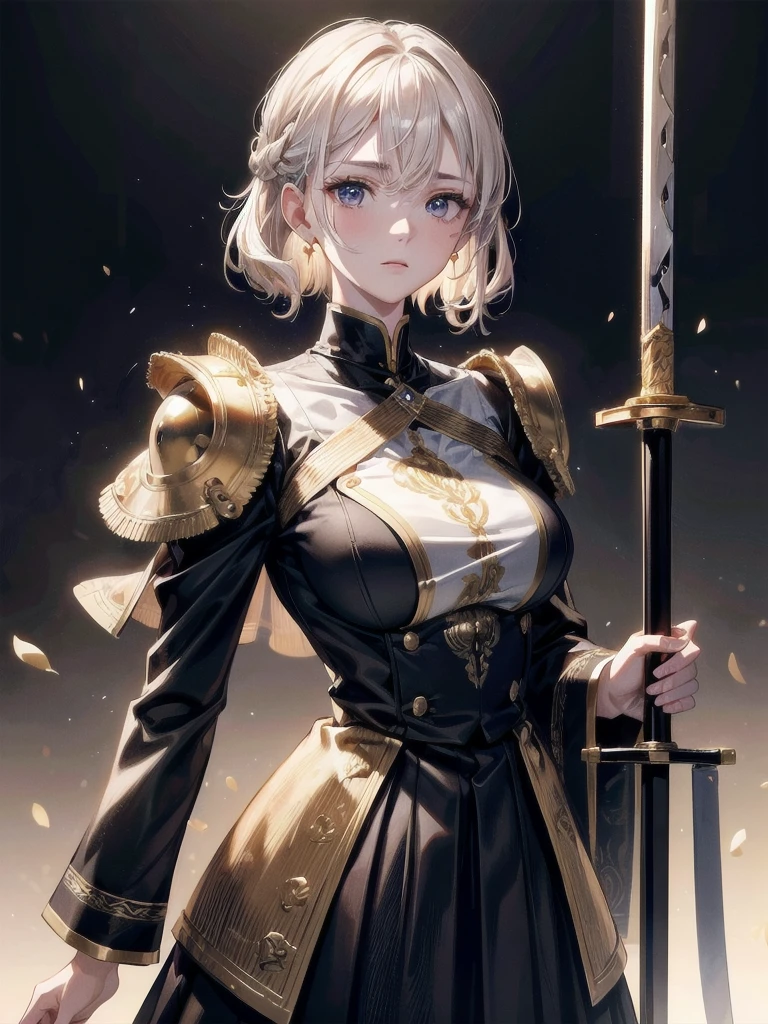 Military Dress, golden accessories, Grand Katana Sword, absurdres, RAW photo, extremely delicate and beautiful, masterpiece, Best Quality, ultra high resolution, 32k, hyperrealistic, ultra-detailed, detailed description, pale skin, 20 years old, tearful mole, earring, big tits, short medium hair, wavy hair, whole body shot,