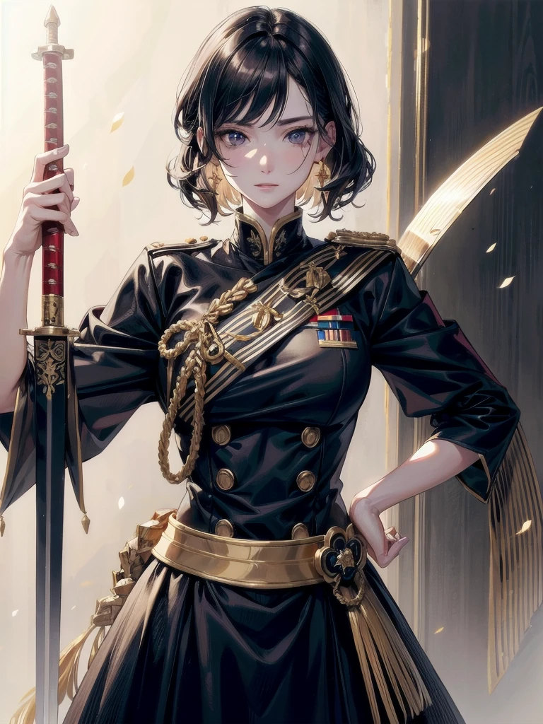 Military Dress, golden accessories, Grand Katana Sword, absurdres, RAW photo, extremely delicate and beautiful, masterpiece, Best Quality, ultra high resolution, 32k, hyperrealistic, ultra-detailed, detailed description, pale skin, 20 years old, tearful mole, earring, big tits, short medium hair, wavy hair, whole body shot,