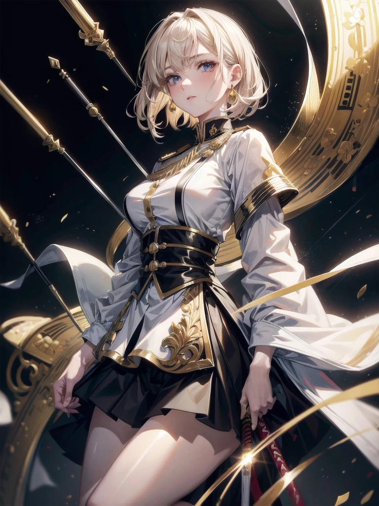 Military Dress, golden accessories, Grand Katana Sword, absurdres, RAW photo, extremely delicate and beautiful, masterpiece, Best Quality, ultra high resolution, 32k, hyperrealistic, ultra-detailed, detailed description, pale skin, 20 years old, tearful mole, earring, big tits, short medium hair, wavy hair, whole body shot,