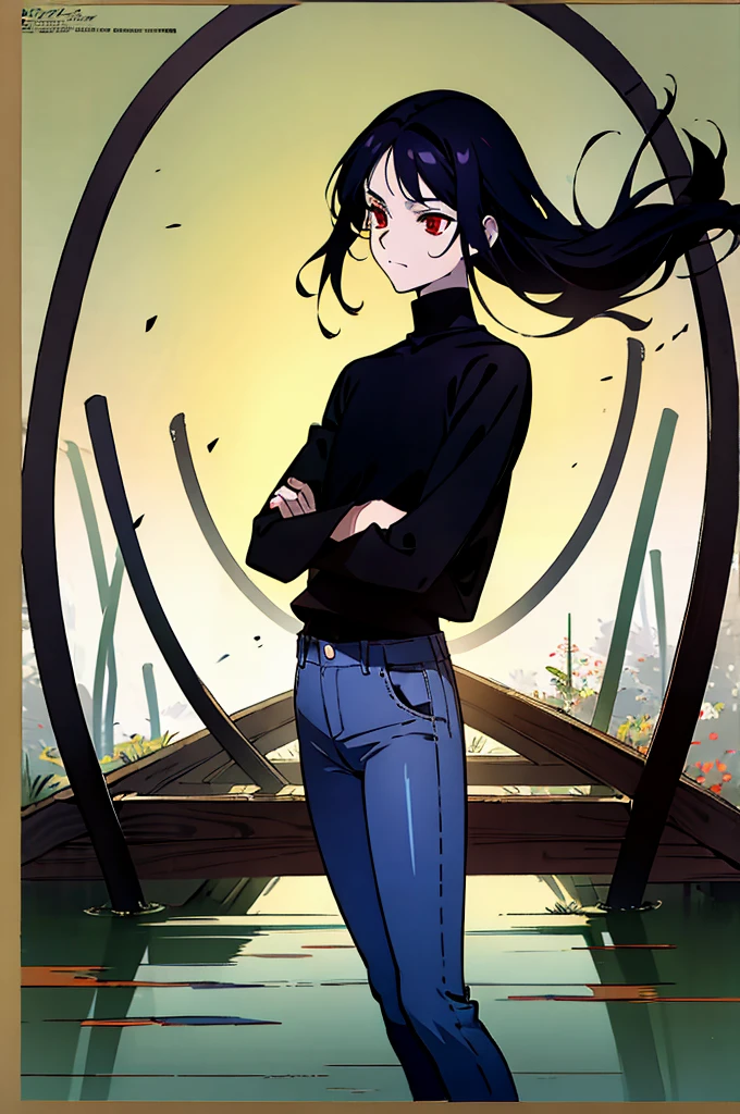 man with wery long black hair and red eyes. wery good details. best rendered. clothed in sleeve black turtleneck and jeans.the background should be a tranquil garden with a small pond and a wooden bridge