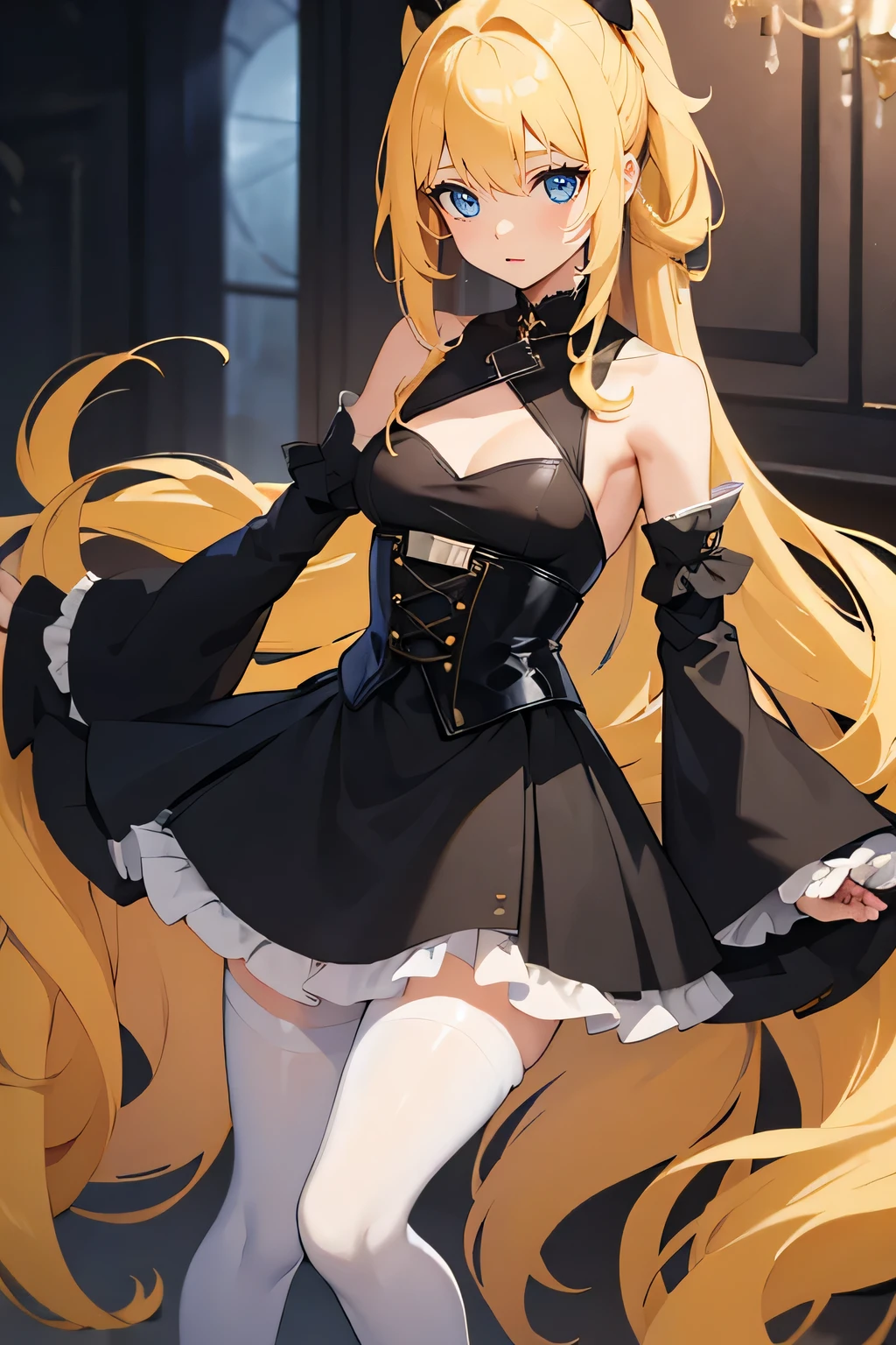 masterpiece,best quality, solo, 1 girl, female figure, yellow hair, hime cut, blunt bangs, extra long hair, crystal blue eyes, sharp detailed eyes, white pantyhose, long sleeves, skirt, indoors, golden blonde hair, shy smile, black ouji clothes, cowboy shot, voluminous hair, wavy hair, cute girl, (medium small breasts), (young female body: 1.4), ouji fashion, long skirt, black ouji style clothes, black corset, black shorts, black outfit, high ponytail, black coattail, long coat, voluminous ponytail, detached sleeves