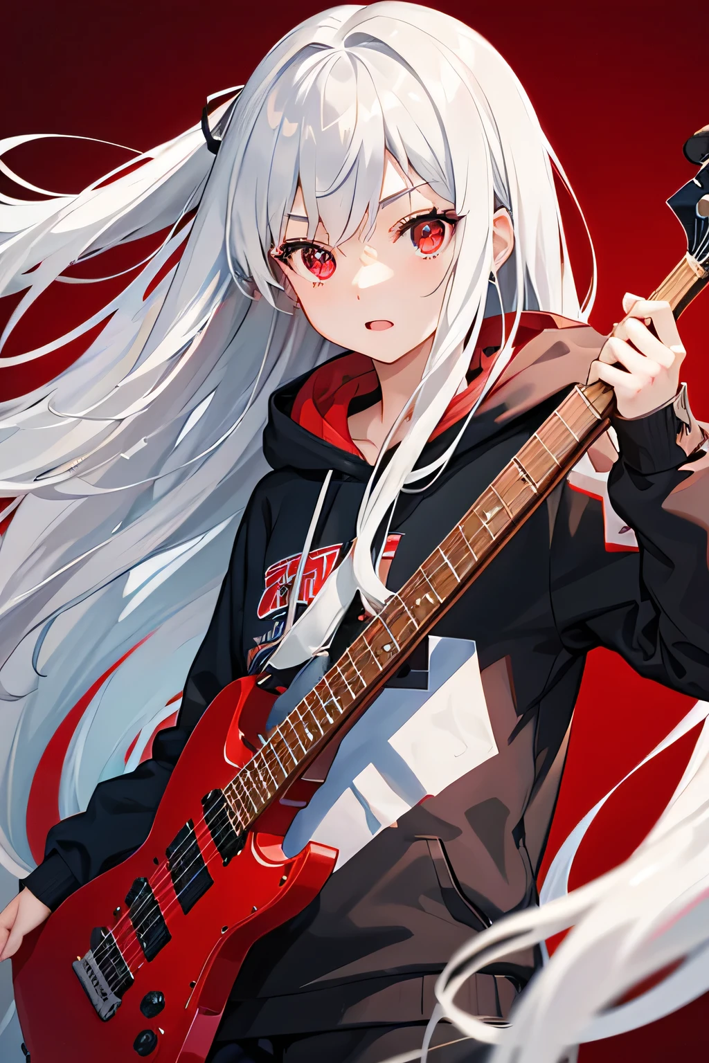 background through, long hair、straight hair、silver hair girl, red eyes、Super high quality, 8K、Upper body、Red background、Band vocals、black hoodie、Red Electric Guitar