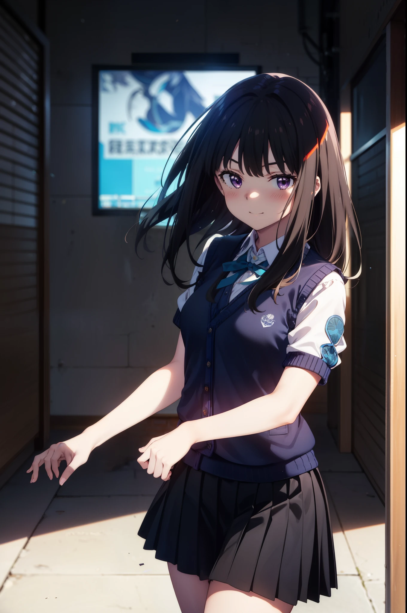Takiuchi, Inoue Check, Long Hair, bangs, Black Hair, (Purple eyes:1.2),smile,blush,
white yシャツ, Short sleeve, Pleated skirt, socks, Collared shirt, mini skirt, Black pantyhose, (Black Skirt:1.5), Sweater vest, (blue Sweater vest:1.5),Brown loafers,Daytime,Clear skies,Walking,whole bodyがイラストに入るように, break looking at viewer, whole body,
break indoors, School corridor,
break looking at viewer, (Cowboy Shot:1.5),
break (masterpiece:1.2), highest quality, High resolution, unity 8k wallpaper, (figure:0.8), (Beautiful fine details:1.6), Highly detailed face, Perfect lighting, Highly detailed CG, (Perfect hands, Perfect Anatomy),