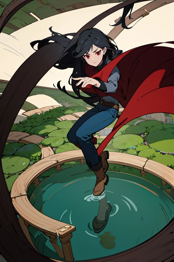 man with wery long black hair and red eyes. wery good details. best rendered. clothed in sleeve black turtleneck and jeans.the background should be a tranquil garden with a small pond and a wooden bridge
