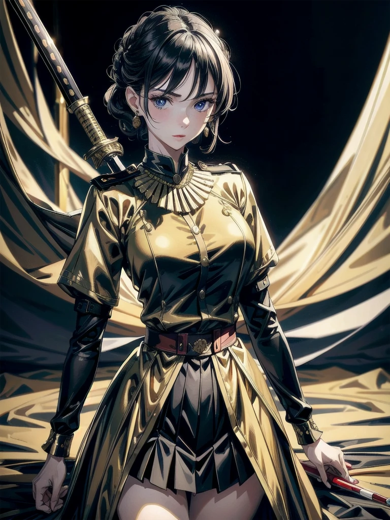 Military Dress, golden accessories, Grand Katana Sword, absurdres, RAW photo, extremely delicate and beautiful, masterpiece, Best Quality, ultra high resolution, 32k, hyperrealistic, ultra-detailed, detailed description, pale skin, 20 years old, tearful mole, earring, big tits, short medium hair, wavy hair, whole body shot,