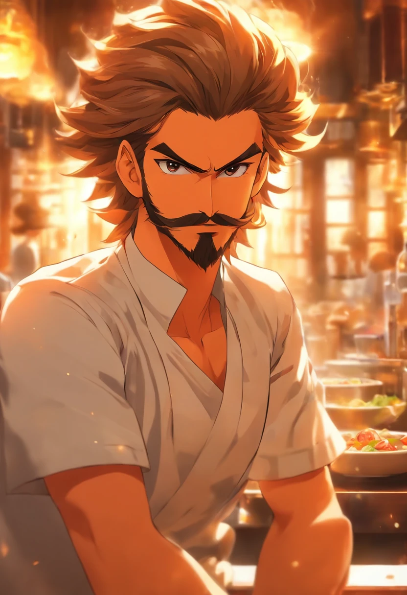 Emanuel. Joven medico nutricionista. Light brown shoulder length hair. Barba y bigote recortado. Sentado en un ristorante en un pueblito italiano.