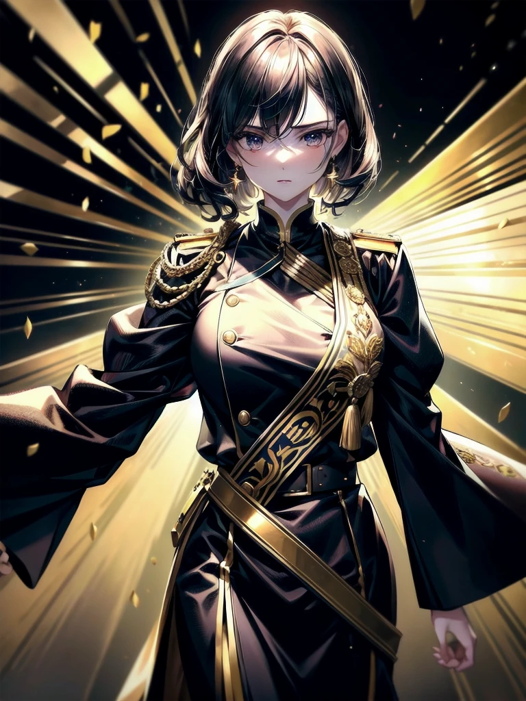 Military Dress, golden accessories, Grand Katana Sword, absurdres, RAW photo, extremely delicate and beautiful, masterpiece, Best Quality, ultra high resolution, 32k, hyperrealistic, ultra-detailed, detailed description, pale skin, 20 years old, tearful mole, earring, big tits, short medium hair, wavy hair, whole body shot,