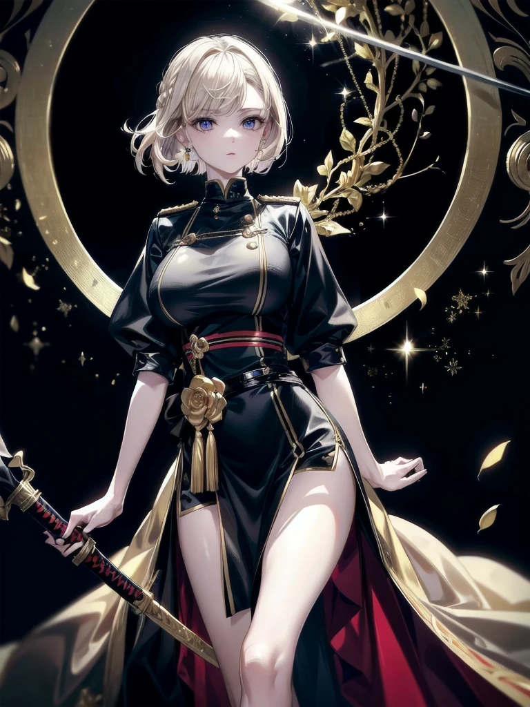 Military Dress, golden accessories, Grand Katana Sword, absurdres, RAW photo, extremely delicate and beautiful, masterpiece, Best Quality, ultra high resolution, 32k, hyperrealistic, ultra-detailed, detailed description, pale skin, 20 years old, tearful mole, earring, big tits, short medium hair, wavy hair, whole body shot,