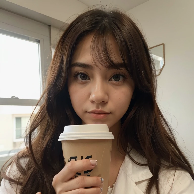 There is a girl holding a cup of coffee in her hand, chica linda-cara-fina, linda cara de anime natural, con cara linda - fina, sakimi-chan, chiho, Yoshitomo Nara, cara joven y linda, hermosa cara de chicas japonesas, cabello rojo y ojos grandes de color azul, linda chica kawaii, hermosos ojos grandes y claros