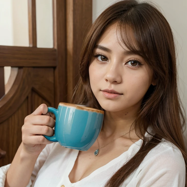 There is a girl holding a cup of coffee in her hand, chica linda-cara-fina, linda cara de anime natural, con cara linda - fina, sakimi-chan, chiho, Yoshitomo Nara, cara joven y linda, hermosa cara de chicas japonesas, cabello rojo y ojos grandes de color azul, linda chica kawaii, hermosos ojos grandes y claros