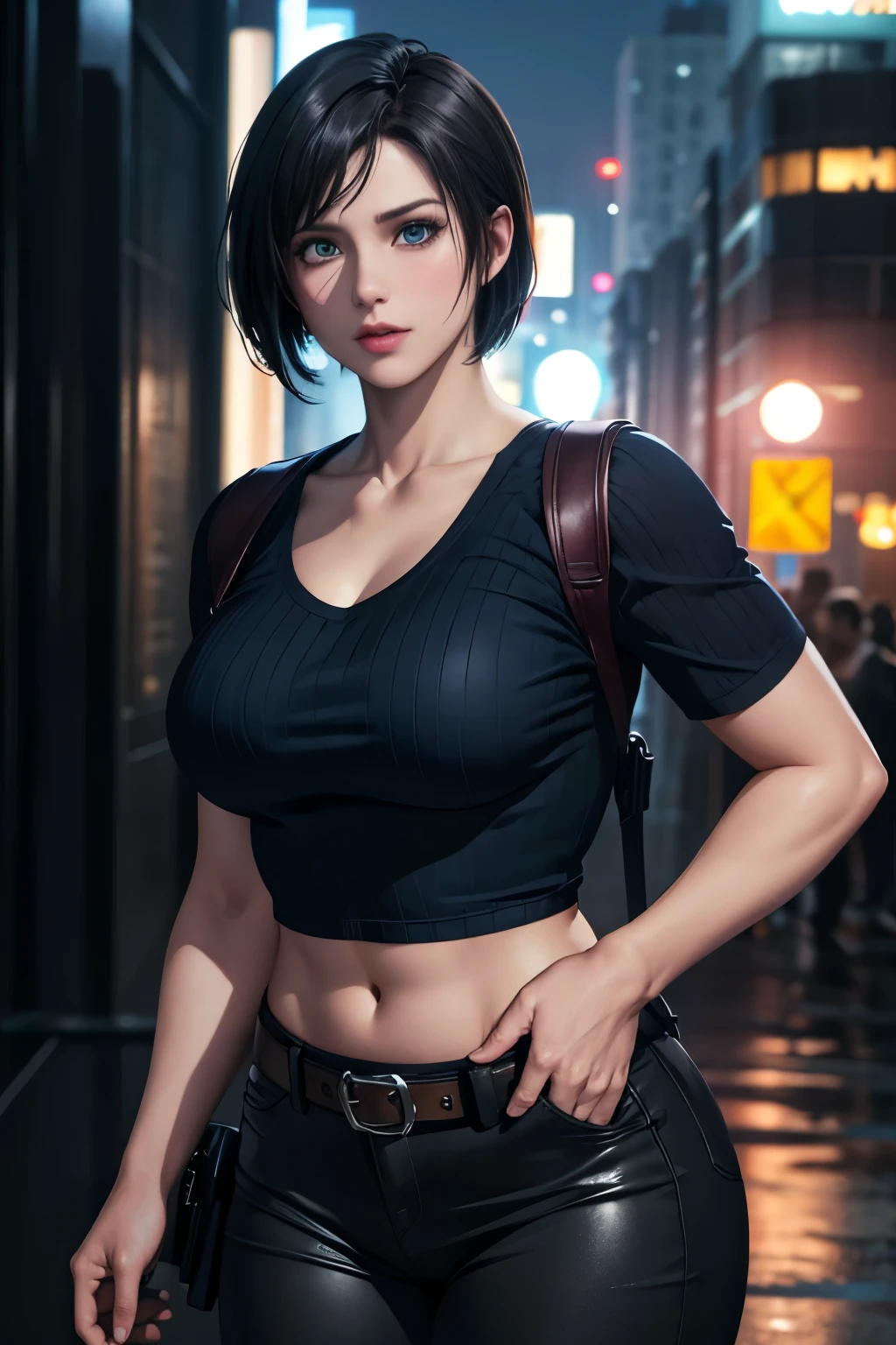 Jill Valentine Resident Evil short dark brown hair, medium pale skin, 
BREAK blue tank top, denim mini shorts,
REST looking at the viewer, REST outside, abandoned city at night with rain, 
BREAK (Masterpiece:1.2), Best Quality, high resolution, unity wallpaper 8k, (illustration:0.8), (Beautiful detailed eyes:1.6), extremely detailed face, perfect lighting, Extremely detailed CG, (perfect hands, perfect anatomy),