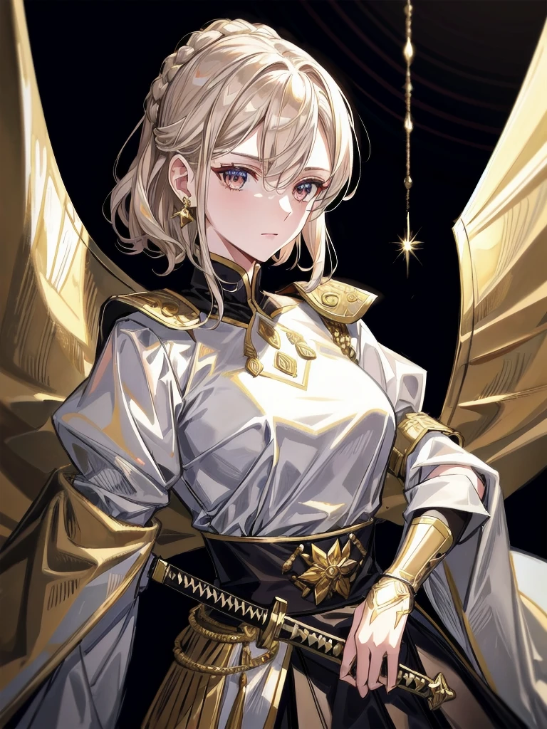 Military Dress, golden accessories, Grand Katana Sword, absurdres, RAW photo, extremely delicate and beautiful, masterpiece, Best Quality, ultra high resolution, 32k, hyperrealistic, ultra-detailed, detailed description, pale skin, 20 years old, tearful mole, earring, big tits, short medium hair, wavy hair, whole body shot,