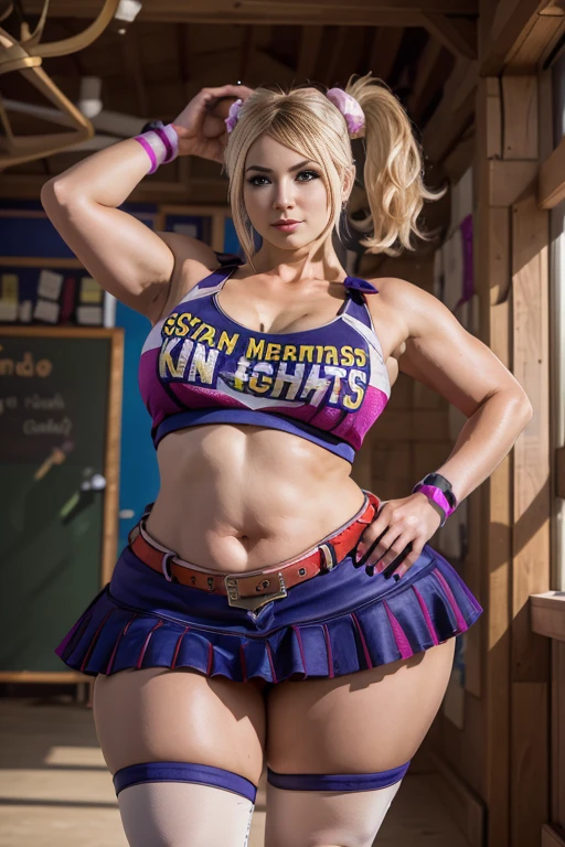 1female, solo, juliet starling, blonde hair, twintails, midriff, clothes writing, cheerleader, wristband, thighhighs, skirt, crop top, belt, standing, school yard, best quality, masterpiece, ultra-detailed, smile, curvy body, plump body, huge big ass, thick body, curvy body type, voluptuous body type, busty body type, thick body type, big chest, big